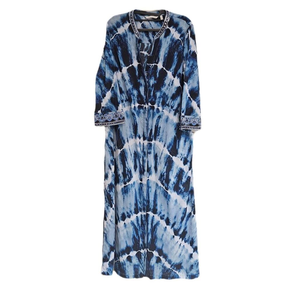boho festival blue navy tie dye button up kaftan - Picture 2 of 6